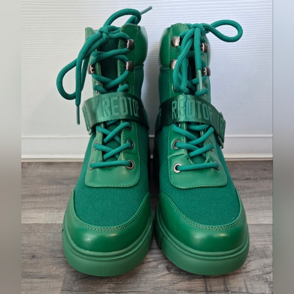 Green Chunky Lug Sole Combat Boots Shoes, Mixed Texture Design Women's 6.5, New - Picture 8 of 16